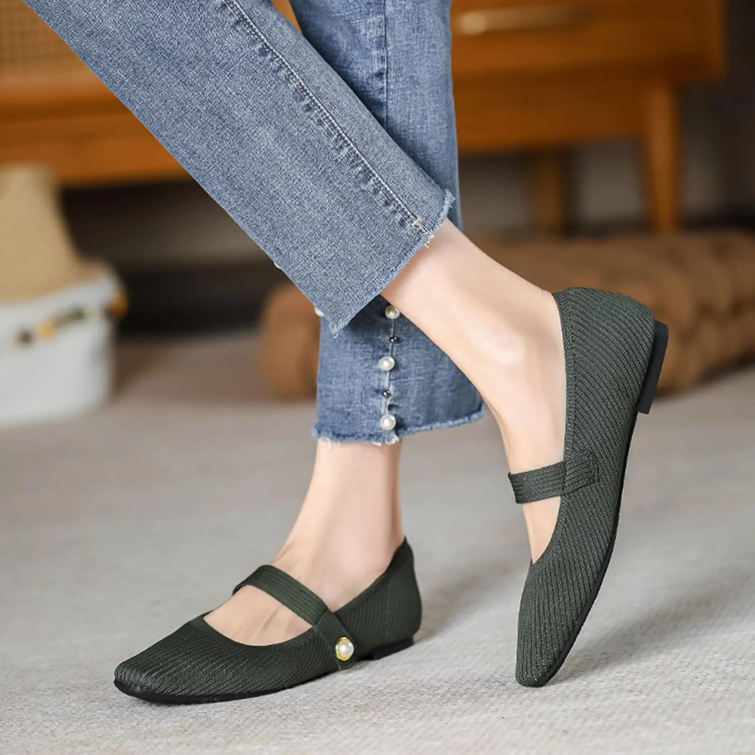 Women's Knit Mary Jane Flats - Lightweight Breathable Slip-On Flats with Adjustable Hook Loop, Pointed Toe Dressy Casual Shoes for Women Machine Washable