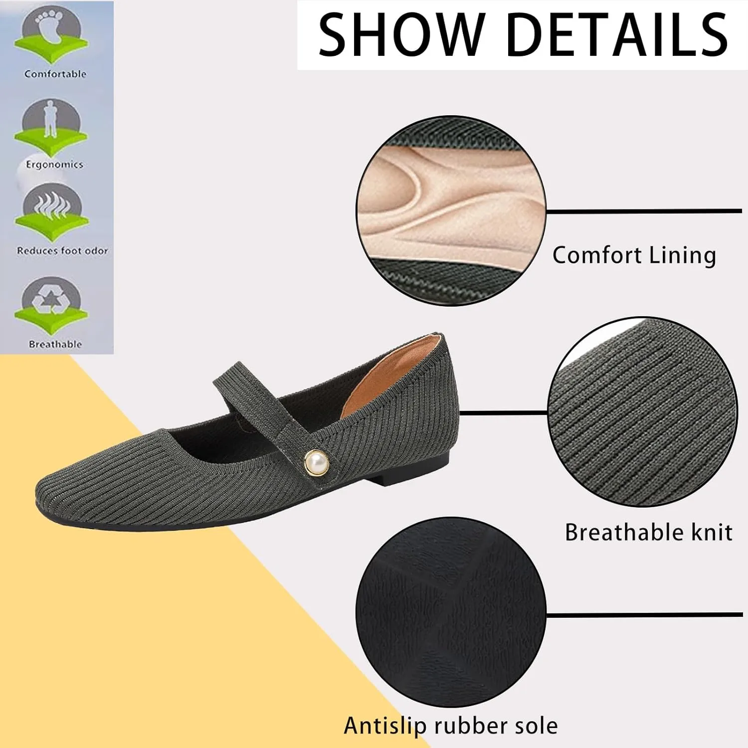 Women's Knit Mary Jane Flats - Lightweight Breathable Slip-On Flats with Adjustable Hook Loop, Pointed Toe Dressy Casual Shoes for Women Machine Washable