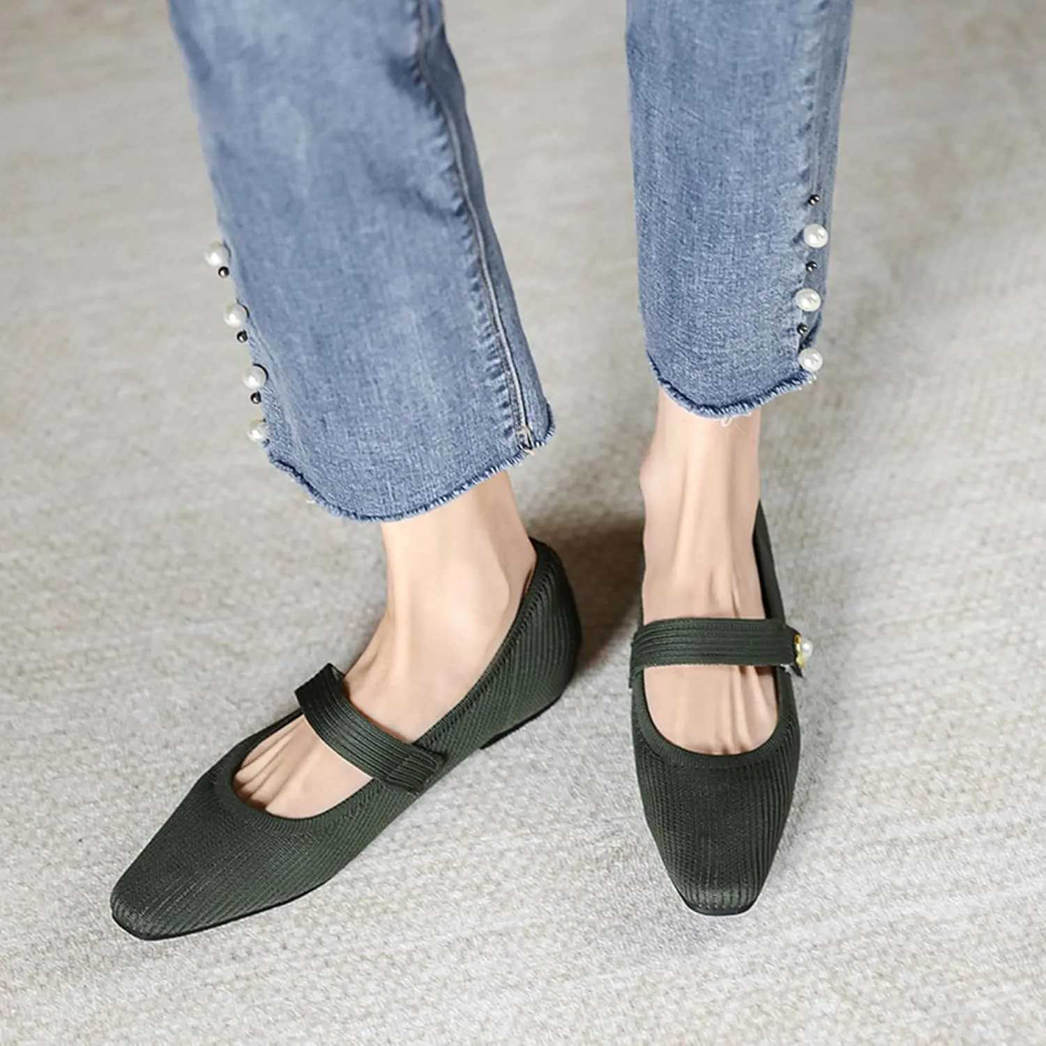Women's Knit Mary Jane Flats - Lightweight Breathable Slip-On Flats with Adjustable Hook Loop, Pointed Toe Dressy Casual Shoes for Women Machine Washable