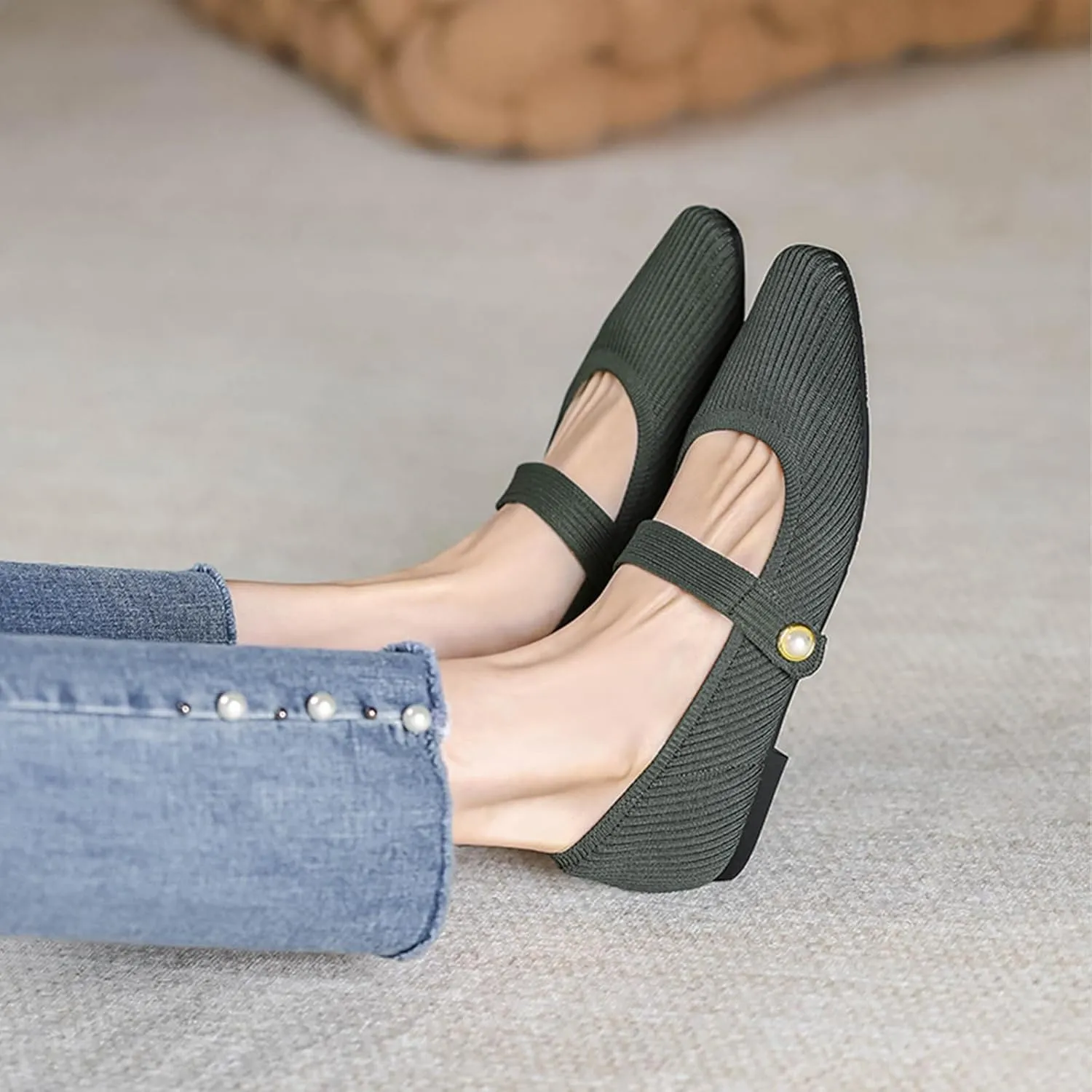 Women's Knit Mary Jane Flats - Lightweight Breathable Slip-On Flats with Adjustable Hook Loop, Pointed Toe Dressy Casual Shoes for Women Machine Washable